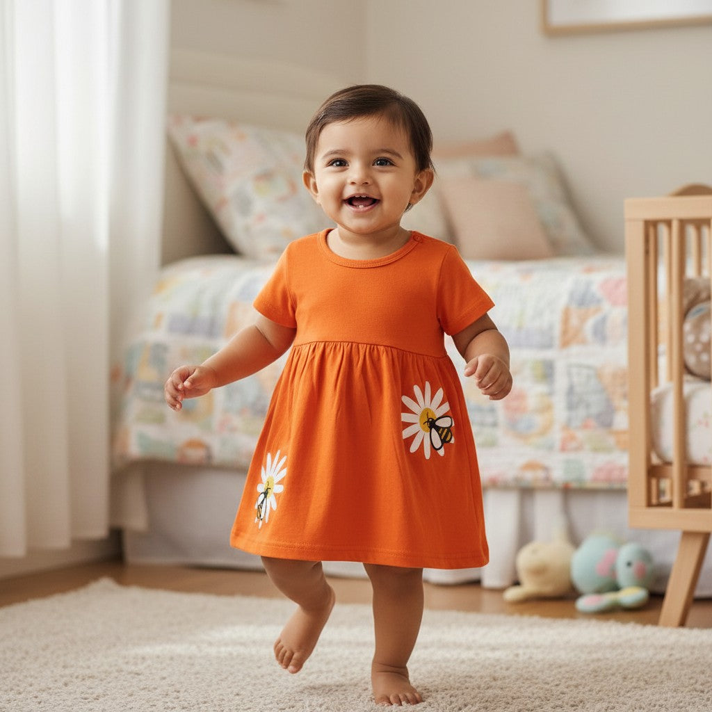 kidshe baby girl frock in orange with daisy and bee print, worn by a smiling toddler in a nursery setting.