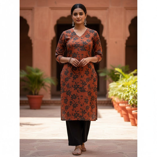 kidshe 2 pc orange black floral print kurta with black pants