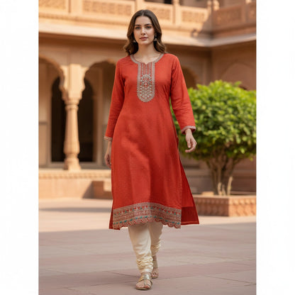 kidshe orange silk kurta with intricate silver embroidery on the neckline and hem