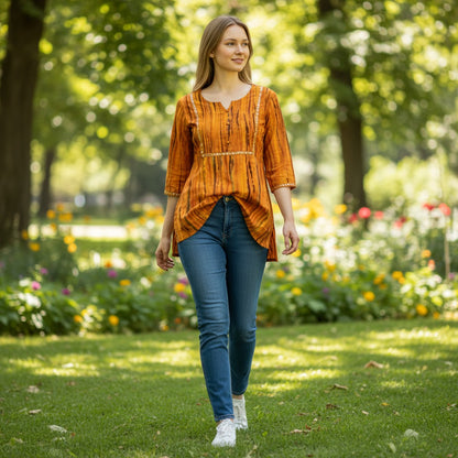 kidshe orange tie-dye short top with black stripes and gold sequin trim