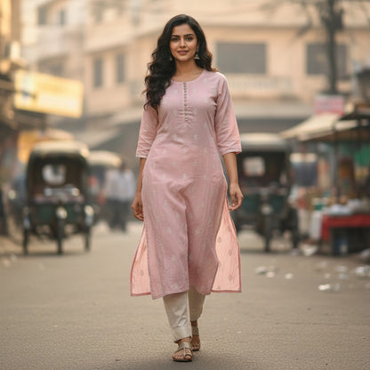 kidshe peach embroidered kurta with side open detail and buttoned neckline