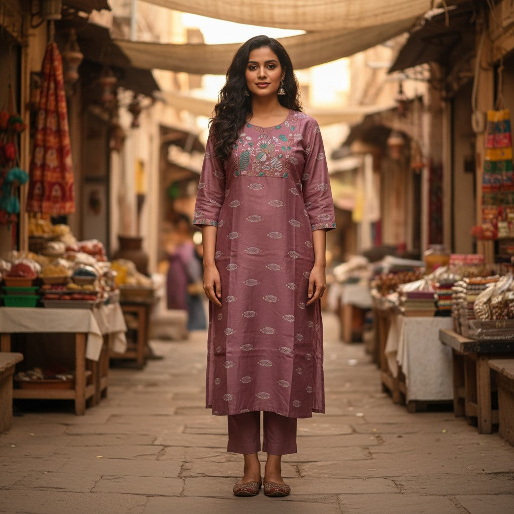 kidshe Avaasa peach kurta with embroidered neckline and leaf pattern