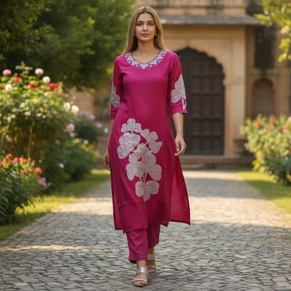 kidshe pink dress with silver clover embroidery on sleeves and front