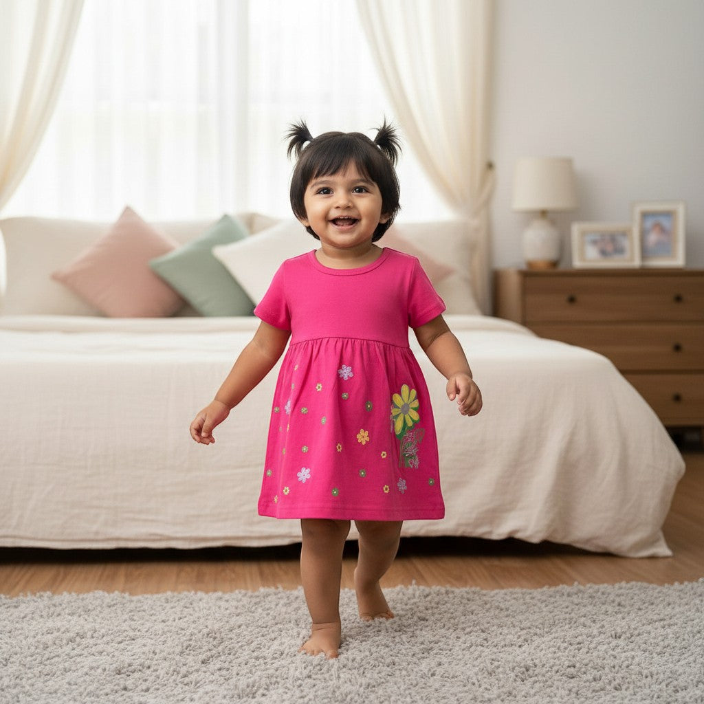 kidshe baby girl frock in bright pink with floral print, designed for 18 to 24 month toddlers in a bedroom setting.