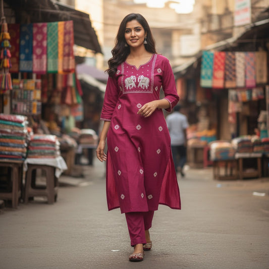 kidshe pink kurta with elephant embroidery and diamond pattern