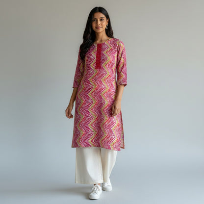 kidshe pink, red, and green zigzag print kurti with beaded neckline and short sleeves
