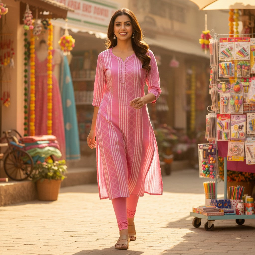 kidshe pink striped cotton kurta with beaded neckline and side-open design
