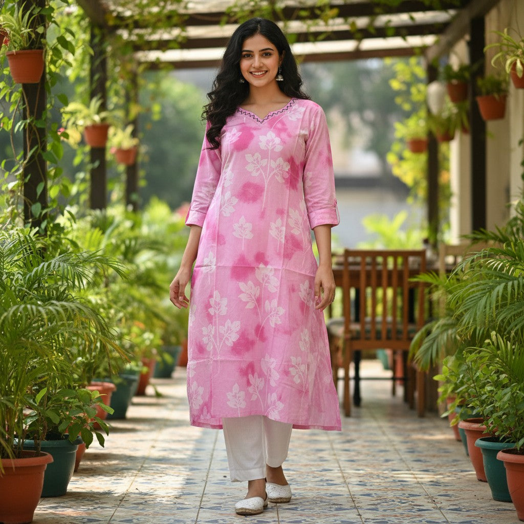 kidshe pink tie-dye floral print cotton dress with embroidered V-neck and 3/4 sleeves