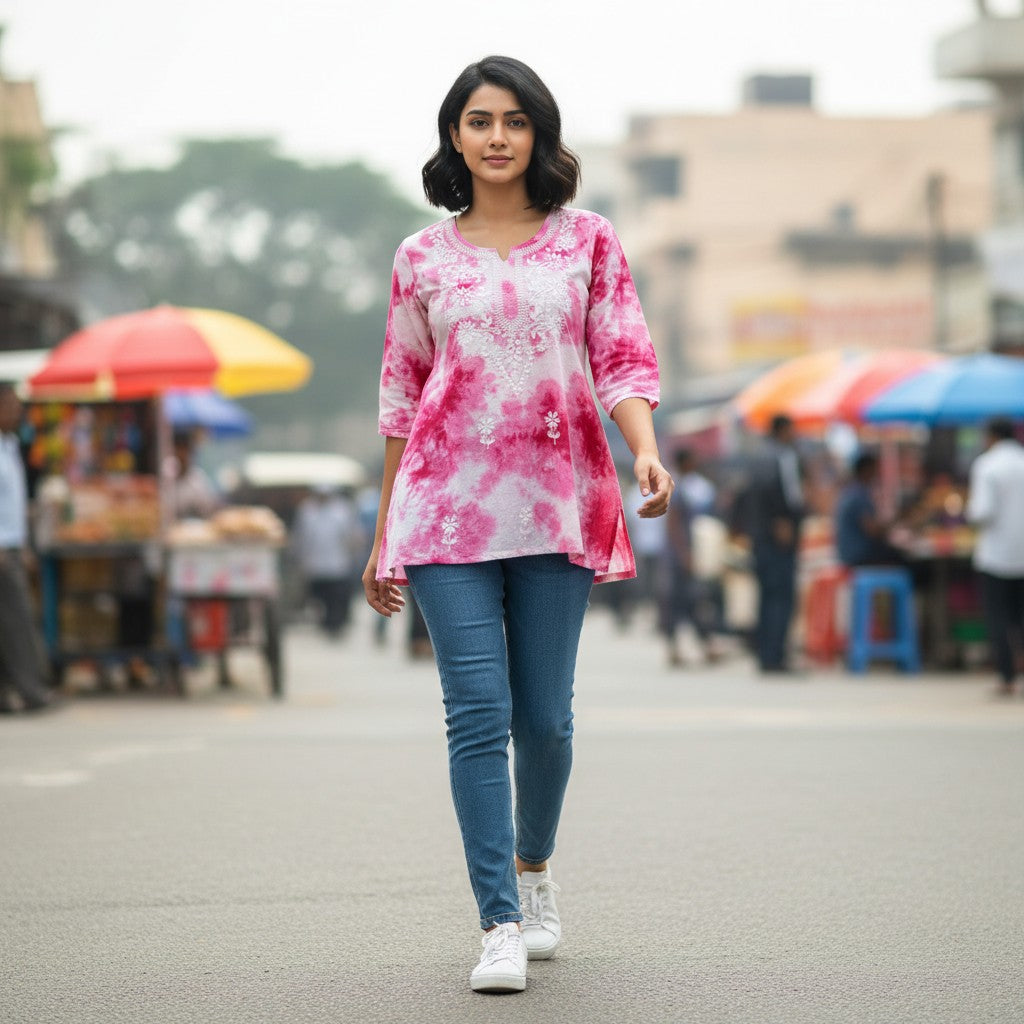 kidshe pink and white tie-dye short top with white floral embroidery and 3/4 sleeves