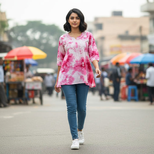 kidshe pink and white tie-dye short top with white floral embroidery and 3/4 sleeves
