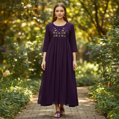 kidshe purple anarkali dress with embroidered floral yoke and flared skirt