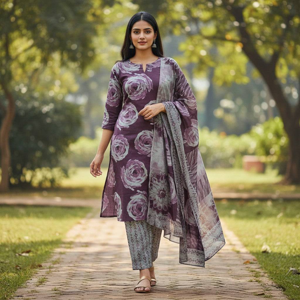 kidshe 3 pc purple cotton outfit with rose print and geometric pattern pants