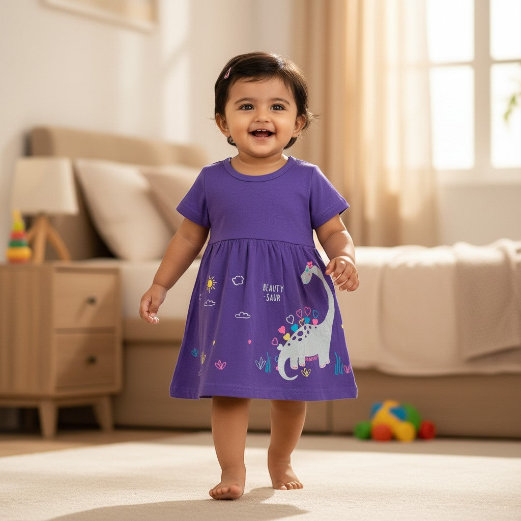 kidshe baby girl purple cotton frock featuring a cute dinosaur print, designed for 18 to 24 month old toddlers.
