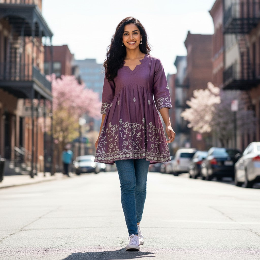 A woman wearing a purple kidshe short top with floral embroidery and a notched neckline, styled with blue jeans.