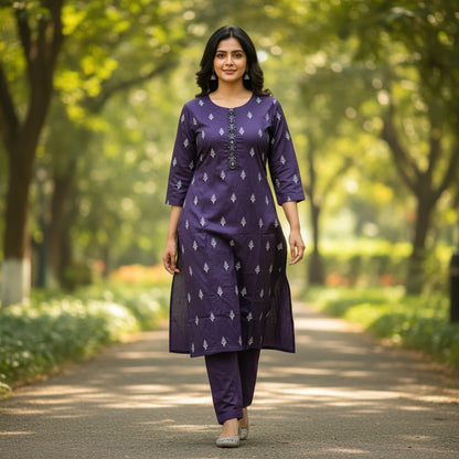 kidshe purple silk blend kurta with all-over diamond pattern and embellished neckline