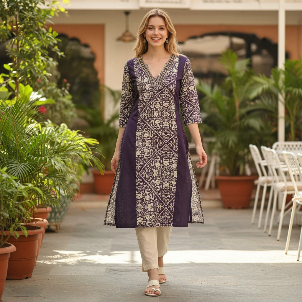 kidshe purple cotton kurti with white floral print and gold trim on neckline