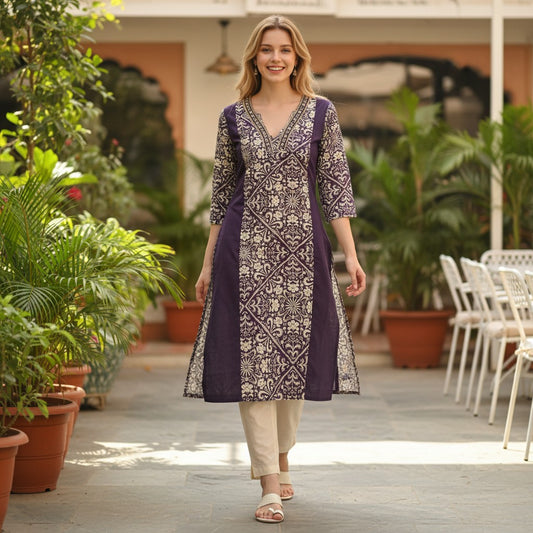 kidshe purple cotton kurti with white floral print and gold trim on neckline