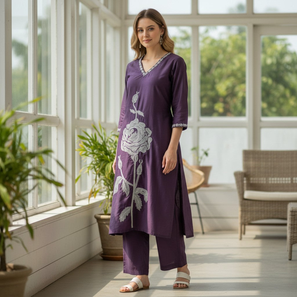 kidshe purple kurti with silver rose embroidery on front and sleeves, V-neck, side open style
