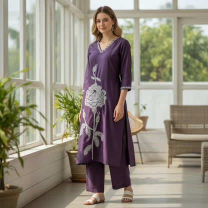 kidshe purple kurti with silver rose embroidery on front and sleeves, V-neck, side open style