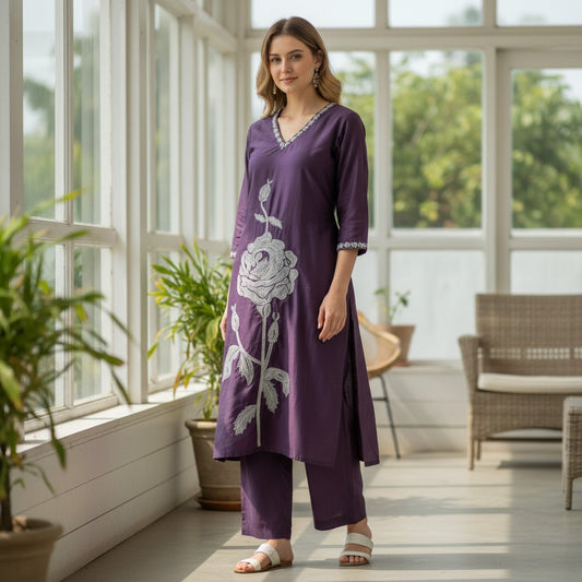 kidshe purple kurti with silver rose embroidery on front and sleeves, V-neck, side open style