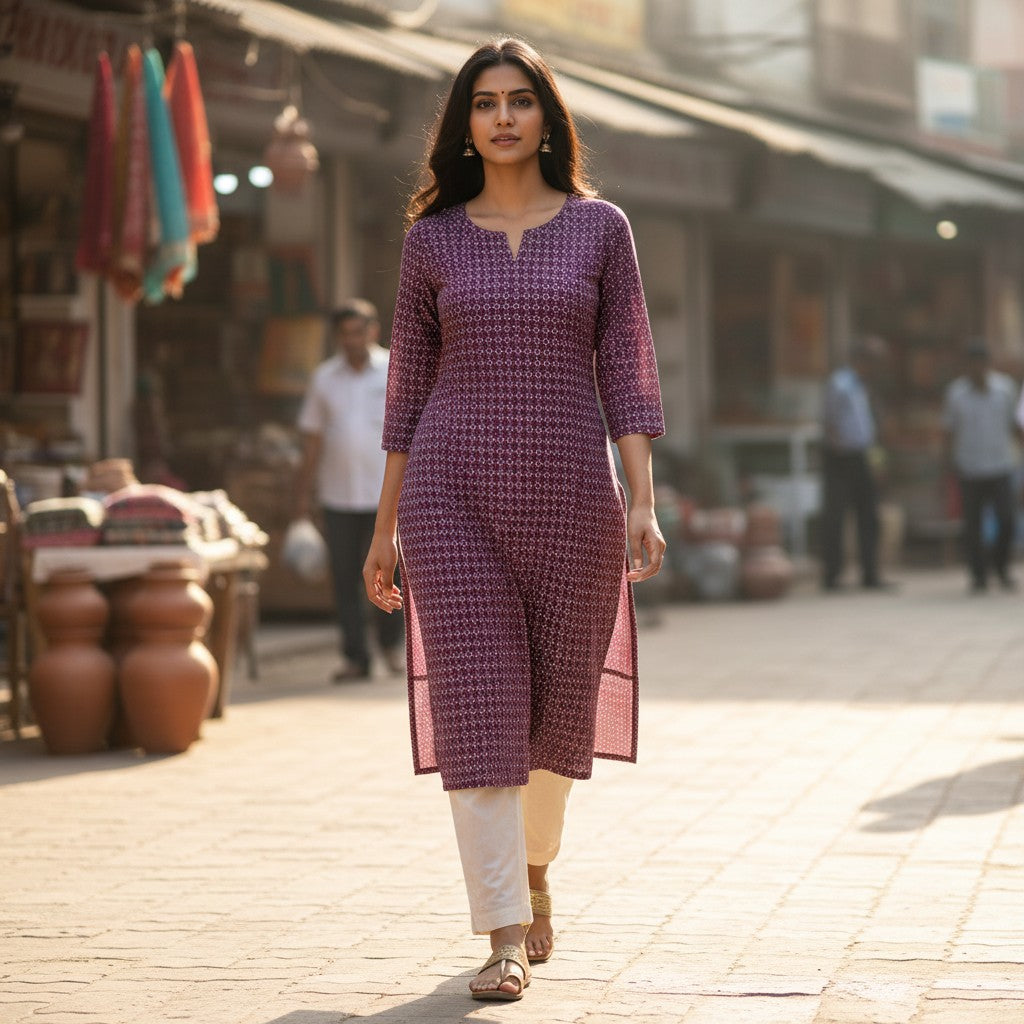 A woman wearing a purple Mahek peach kurta with side slits and white trousers, walking in a traditional market.