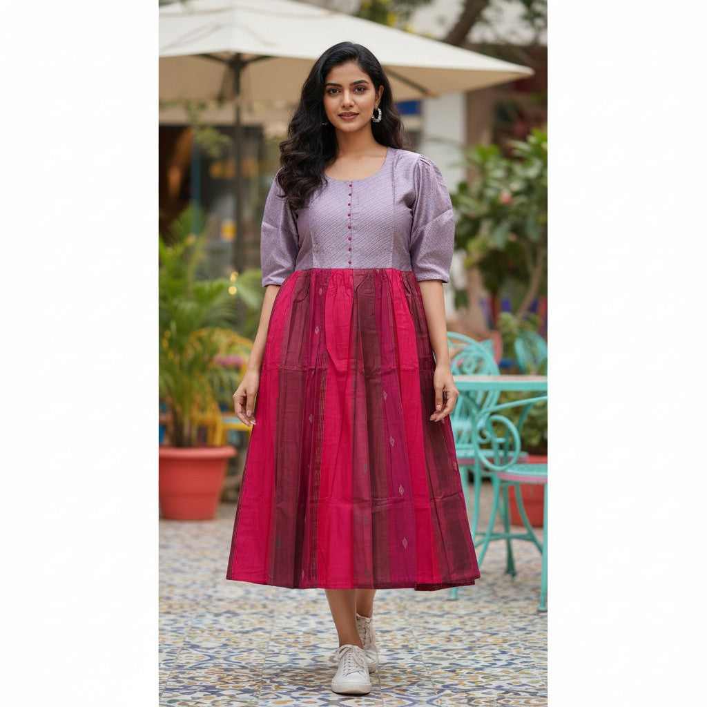 kidshe pink and grey raw silk anarkali dress with puff sleeves and button detail