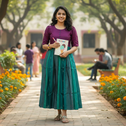 kidshe raw silk anarkali dress with purple bodice and pleated teal skirt with diamond pattern