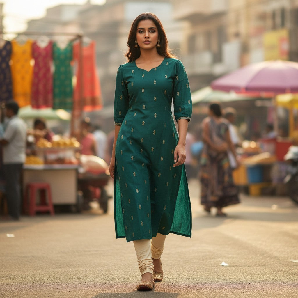 kidshe scalp green raw silk side-open kurta with gold embroidery worn by a woman in a busy outdoor market