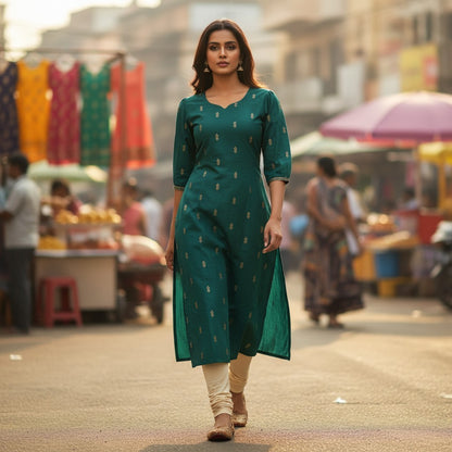 kidshe scalp green raw silk side-open kurta with gold embroidery worn by a woman in a busy outdoor market