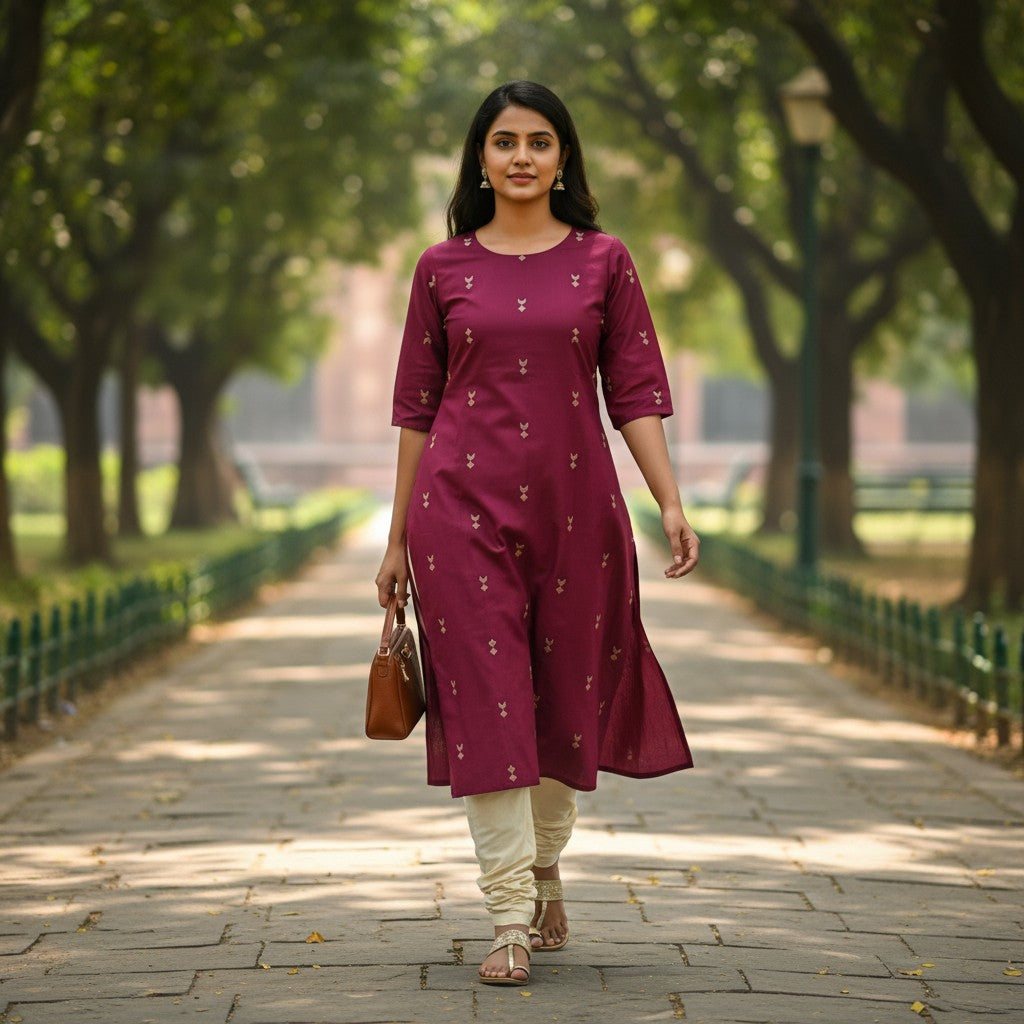 kidshe raw silk side-open kurta in rose pink with delicate embroidery, worn by a woman in a park setting.