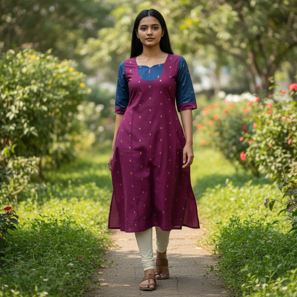 kidshe raw silk side-open kurta in deep purple with blue sleeves and gold embroidery, worn in a garden setting.