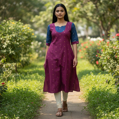 kidshe raw silk side-open kurta in deep purple with blue sleeves and gold embroidery, worn in a garden setting.