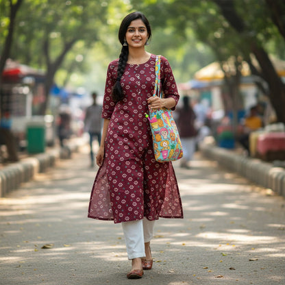kidshe red cotton kurta with all-over geometric print and side opening