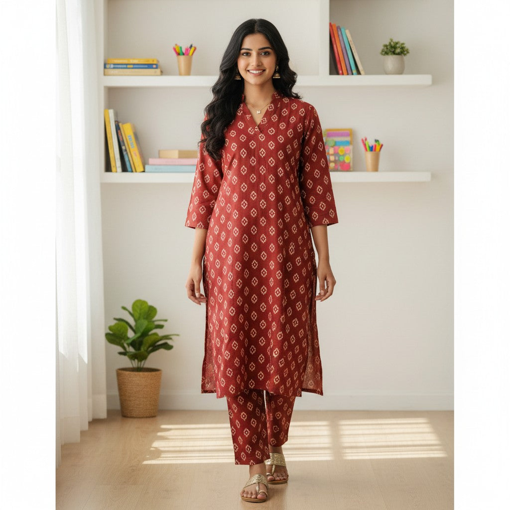 kidshe red cotton 2-piece pajama set with white diamond pattern and V-neck