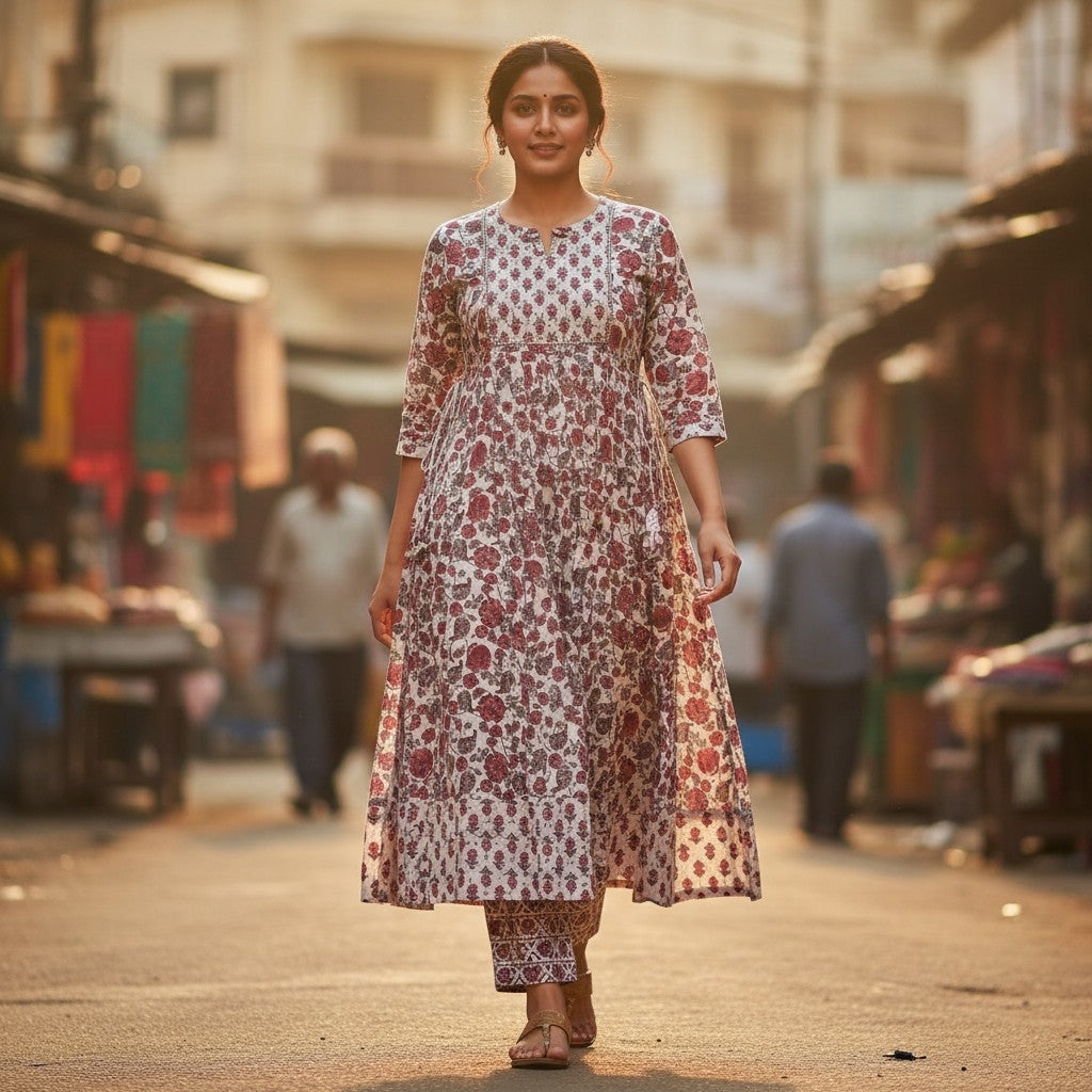 kidshe red floral print cotton anarkali dress with tie waist