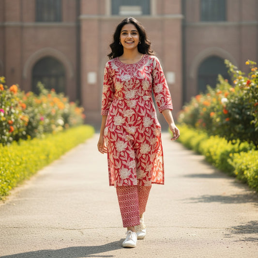 kidshe red cotton kurta with white floral print and matching pants, featuring embroidered neckline.