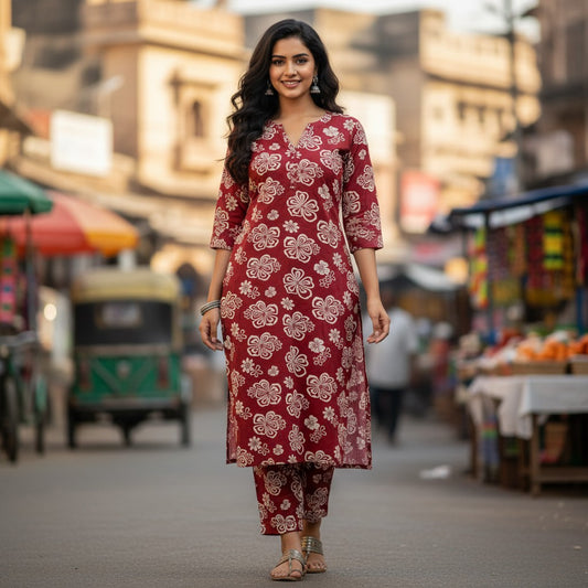 kidshe red floral print cotton two-piece pajama set with v-neck