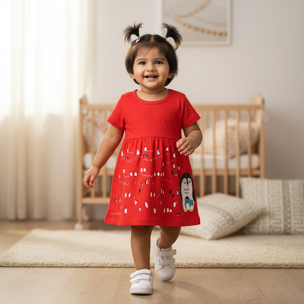 kidshe red baby girl frock with penguin print for 18 to 24 months old, featuring short sleeves and soft cotton fabric