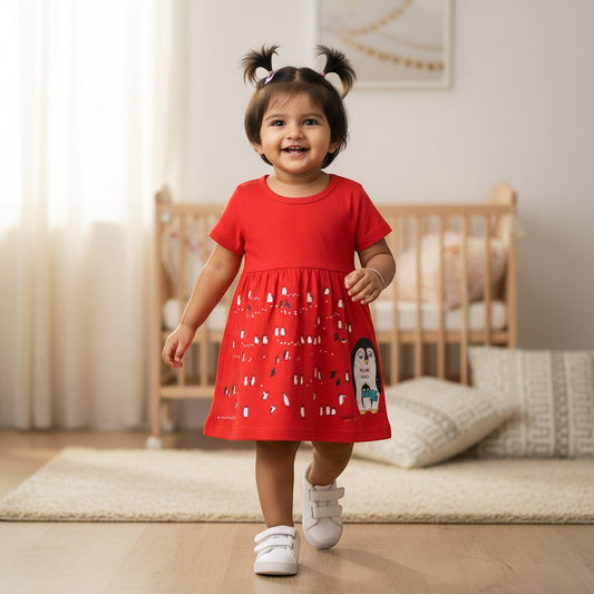 kidshe red baby girl frock with penguin print for 18 to 24 months old, featuring short sleeves and soft cotton fabric