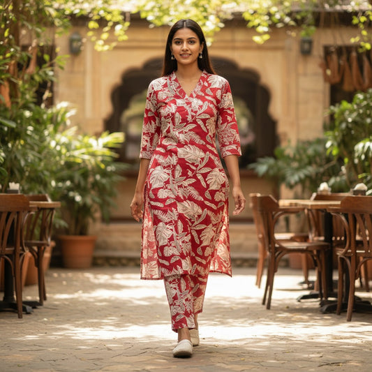 kidshe red and white tropical leaf print pajama set with short sleeves and pants