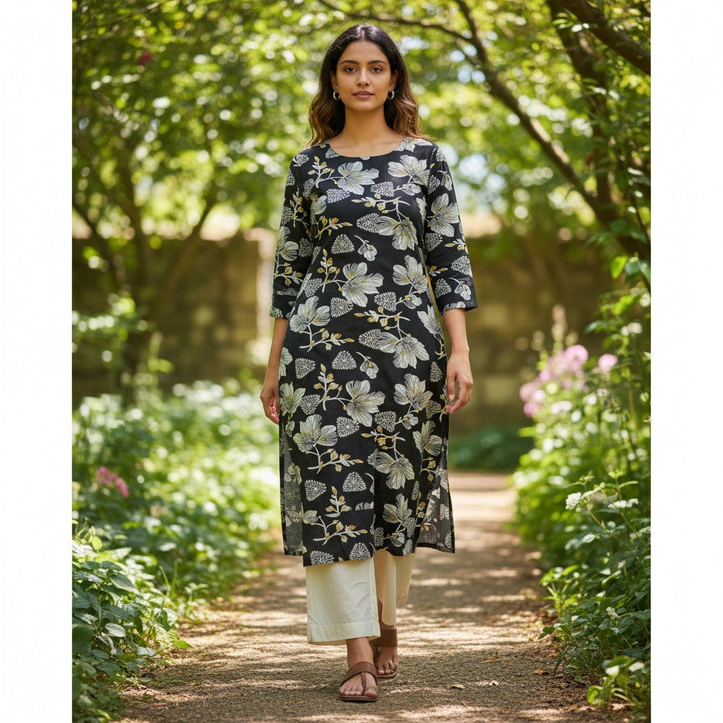 kidshe Riddhi black dress with a floral print and side opening