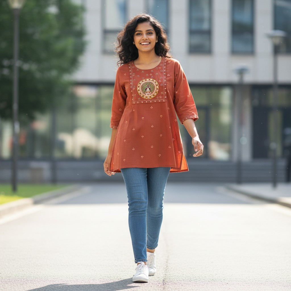 kidshe rust orange embroidered peacock short top with 3/4 sleeves