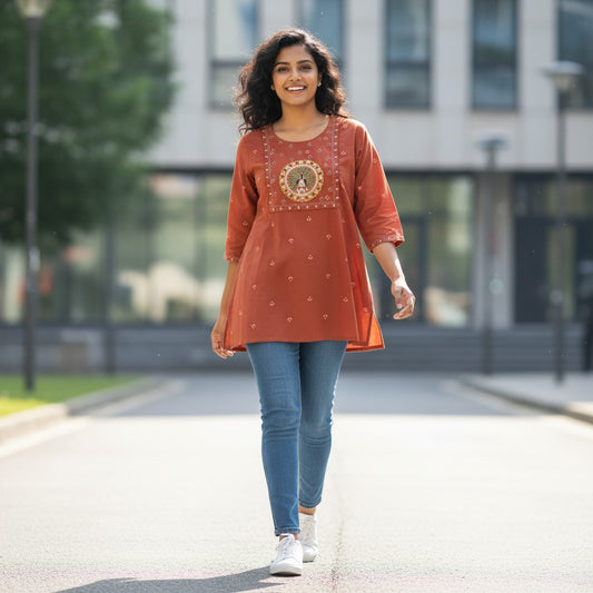 kidshe rust orange embroidered peacock short top with 3/4 sleeves