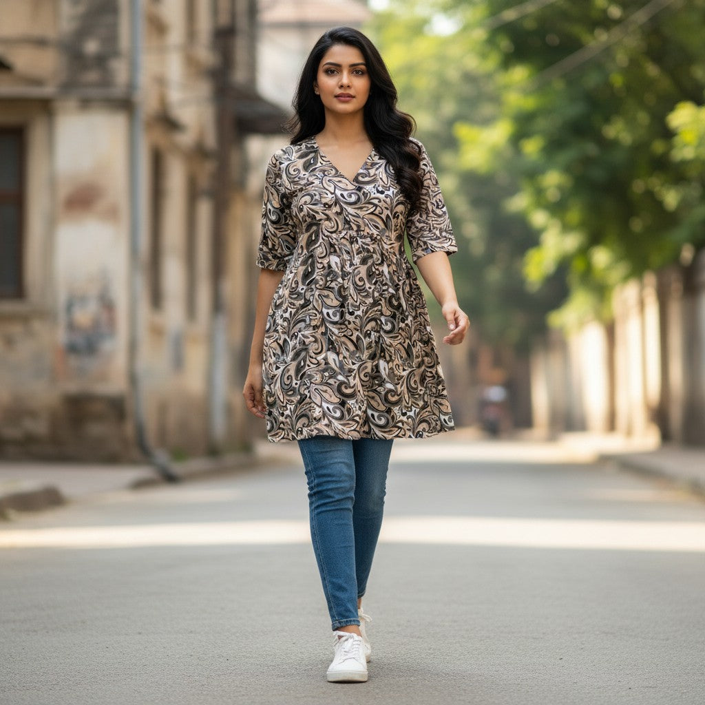Model wearing a kidshe short top with a brown and black paisley print, V-neck, and half sleeves on a city street.
