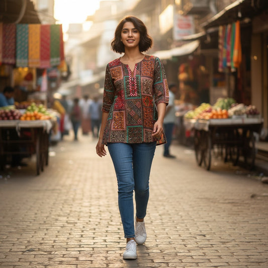 kidshe short top with a patchwork print in red, orange, green, and black. Features a beaded neckline.