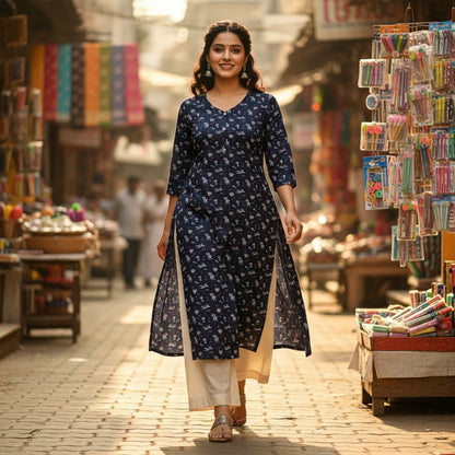 kidshe side-open-avaasa navy blue dress with a scattered print of figures and small red and white accents. Button-up front.