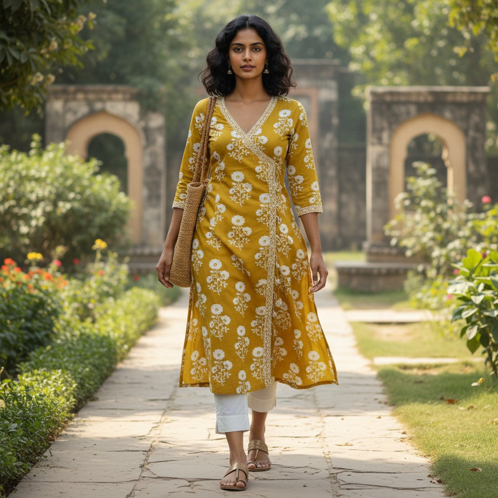 kidshe mustard yellow floral print side-open kurti with V-neck worn by a woman in a garden setting