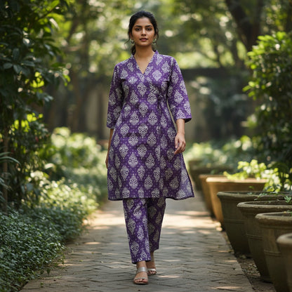 kidshe purple cotton side-open kurta set with white floral block print worn by a model in a garden setting
