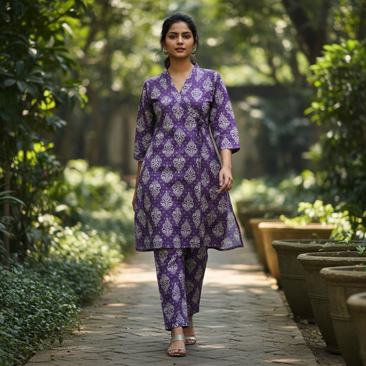 kidshe purple cotton side-open kurta set with white floral block print worn by a model in a garden setting