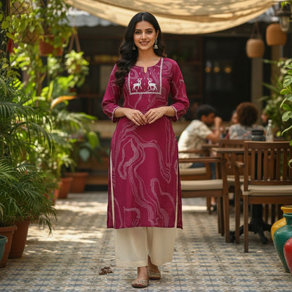 kidshe Side Open Model 153 magenta kurti with white deer embroidery and abstract pattern